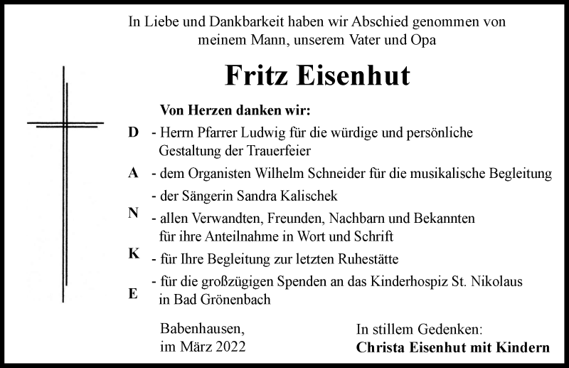  Traueranzeige für Fritz Eisenhut vom 05.03.2022 aus Illertisser Zeitung
