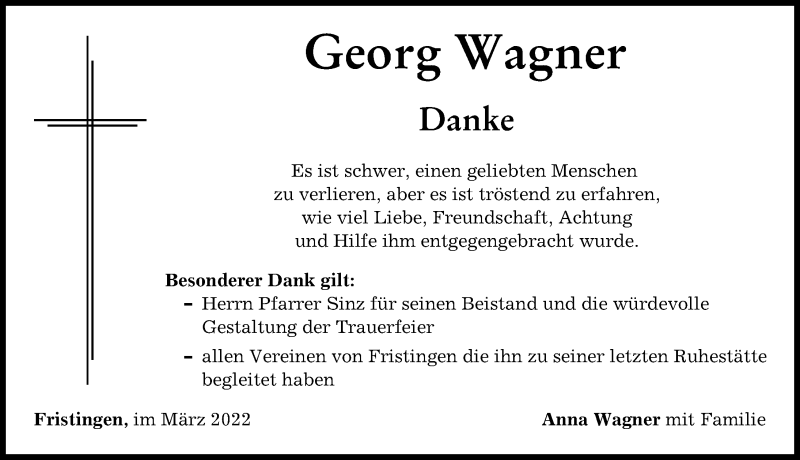 Traueranzeige von Georg Wagner von Donau Zeitung