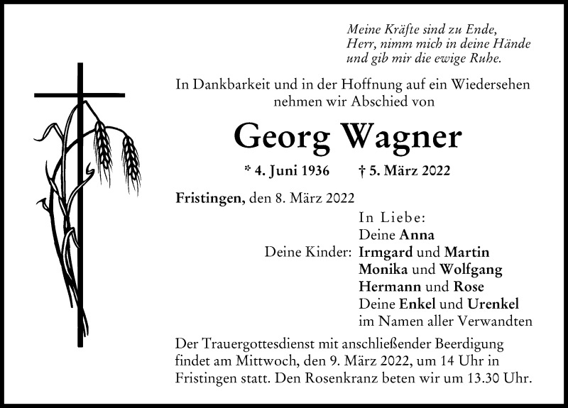 Traueranzeige von Georg Wagner von Donau Zeitung