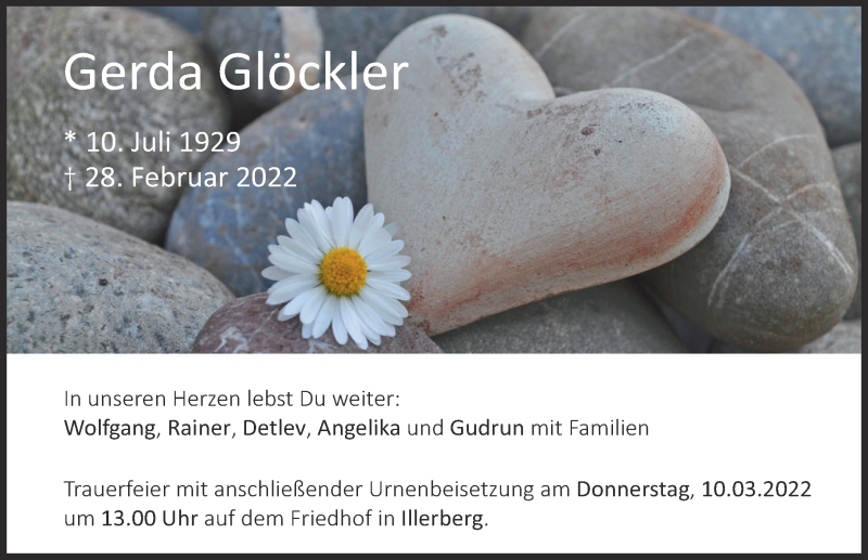 Traueranzeige von Gerda Glöckler von Neu-Ulmer Zeitung