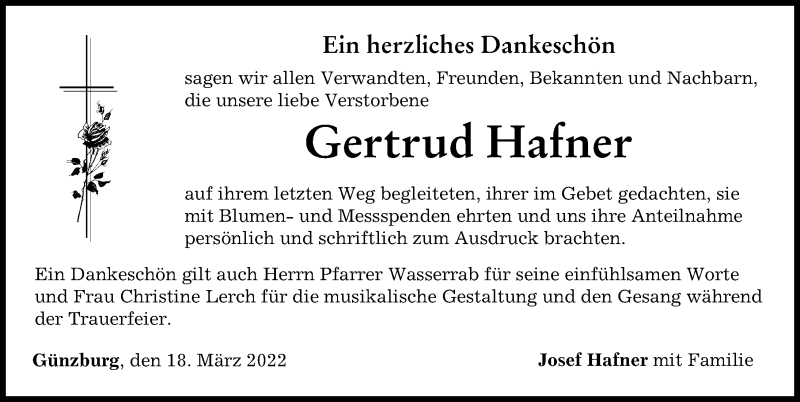 Traueranzeige von Gertrud Hafner von Günzburger Zeitung