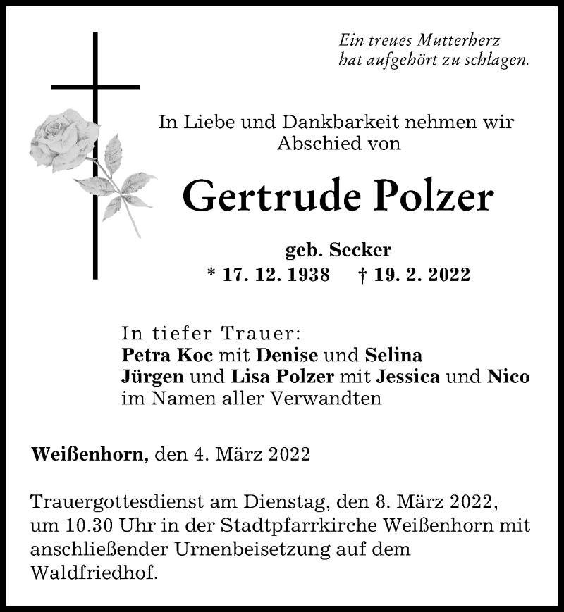 Traueranzeige von Gertrude Polzer von Neu-Ulmer Zeitung