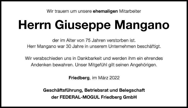 Traueranzeige von Giuseppe Mangano von Friedberger Allgemeine