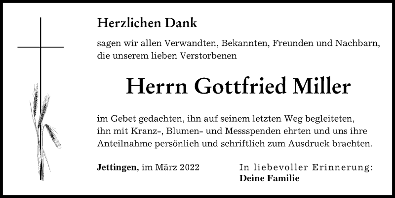 Traueranzeige von Gottfried Miller von Günzburger Zeitung