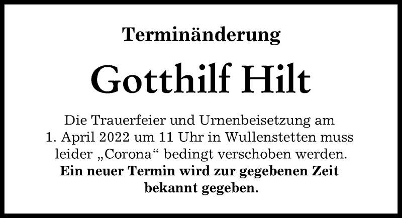 Traueranzeige von Gotthilf Hilt von Neu-Ulmer Zeitung