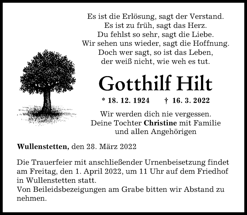 Traueranzeige von Gotthilf Hilt von Neu-Ulmer Zeitung