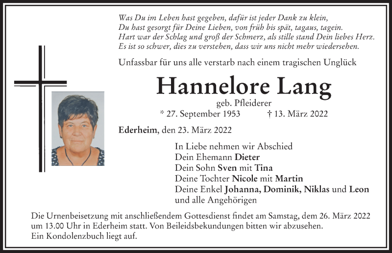  Traueranzeige für Hannelore Lang vom 23.03.2022 aus Rieser Nachrichten