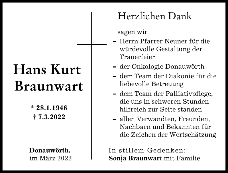 Traueranzeige von Hans Kurt Braunwart von Donauwörther Zeitung