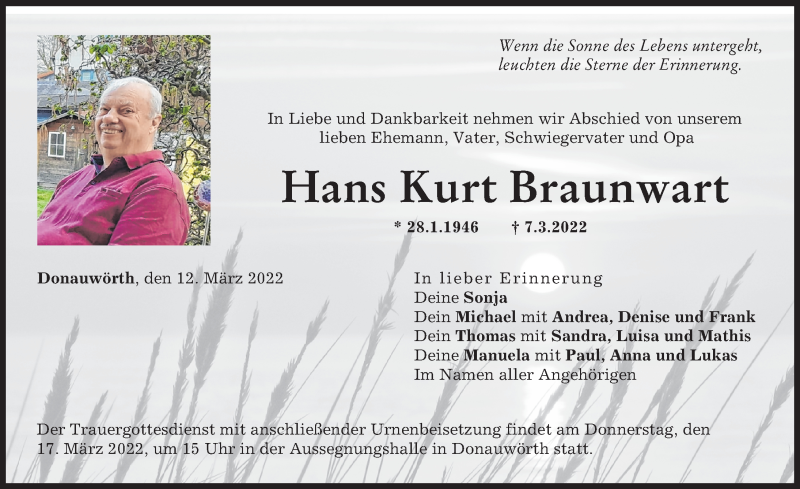 Traueranzeige von Hans Kurt Braunwart von Donauwörther Zeitung