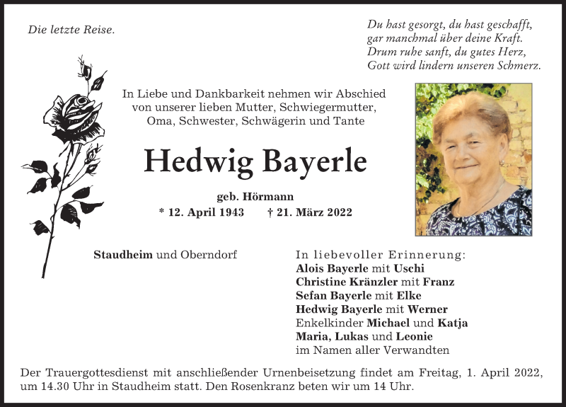 Traueranzeige von Hedwig Bayerle von Neuburger Rundschau, Donauwörther Zeitung