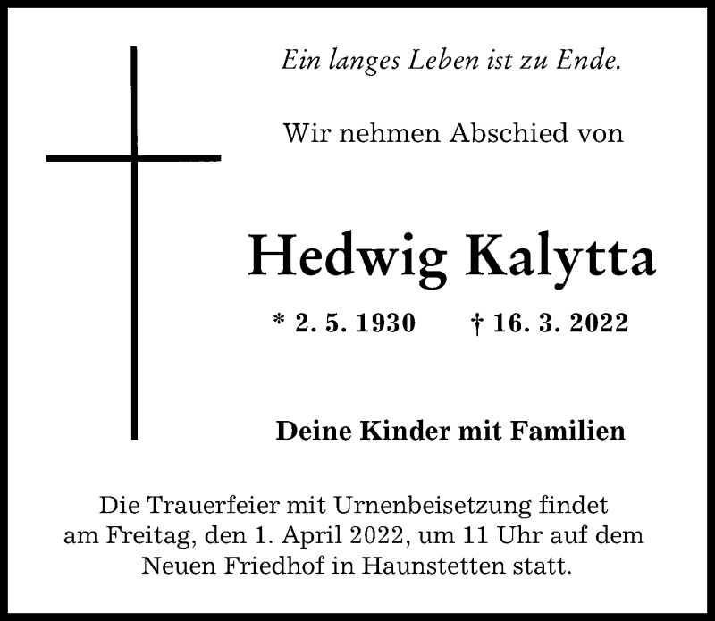 Traueranzeige von Hedwig Kalytta von Augsburger Allgemeine