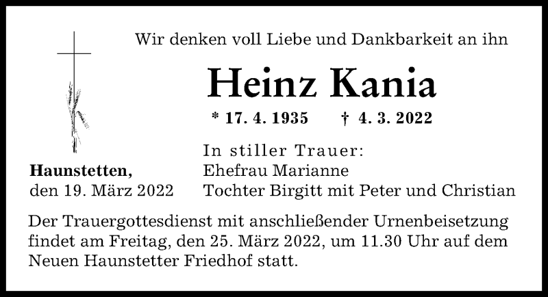 Traueranzeige von Heinz Kania von Augsburger Allgemeine