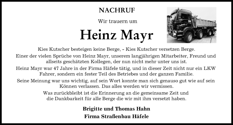 Traueranzeige von Heinz Mayr von Friedberger Allgemeine