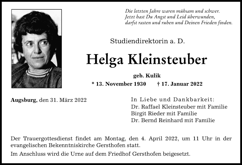 Traueranzeige von Helga Kleinsteuber von Augsburger Allgemeine