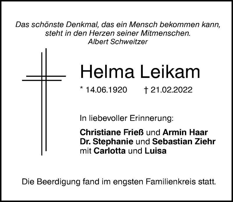 Traueranzeige von Helma Leikam von Augsburger Allgemeine, Neu-Ulmer Zeitung
