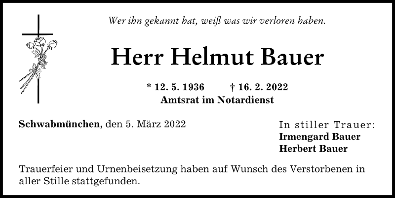 Traueranzeige von Helmut Bauer von Schwabmünchner Allgemeine