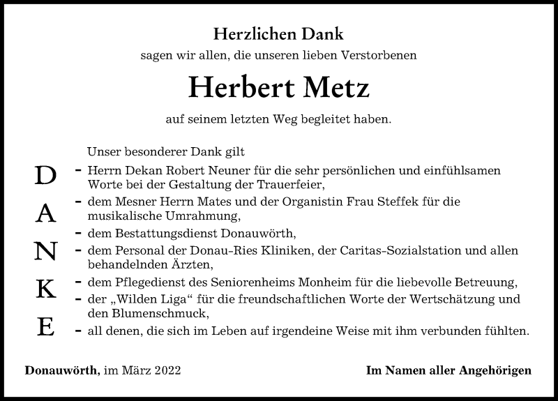 Traueranzeige von Herbert Metz von Donauwörther Zeitung