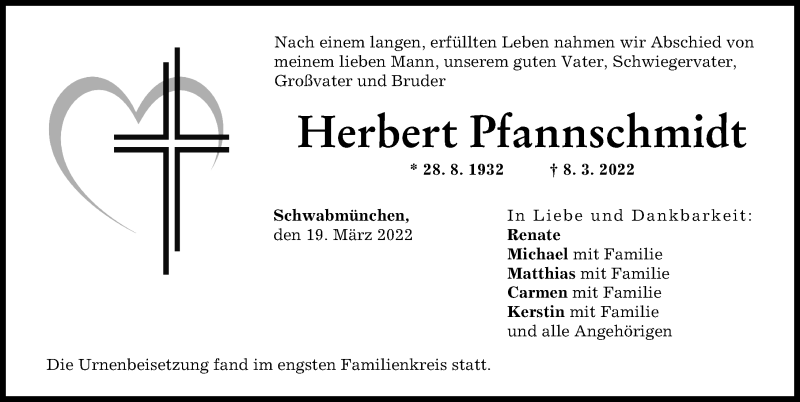 Traueranzeige von Herbert Pfannschmidt von Schwabmünchner Allgemeine