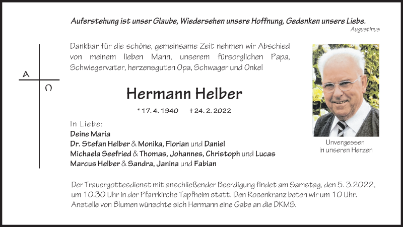  Traueranzeige für Hermann Helber vom 02.03.2022 aus Donau Zeitung, Donauwörther Zeitung