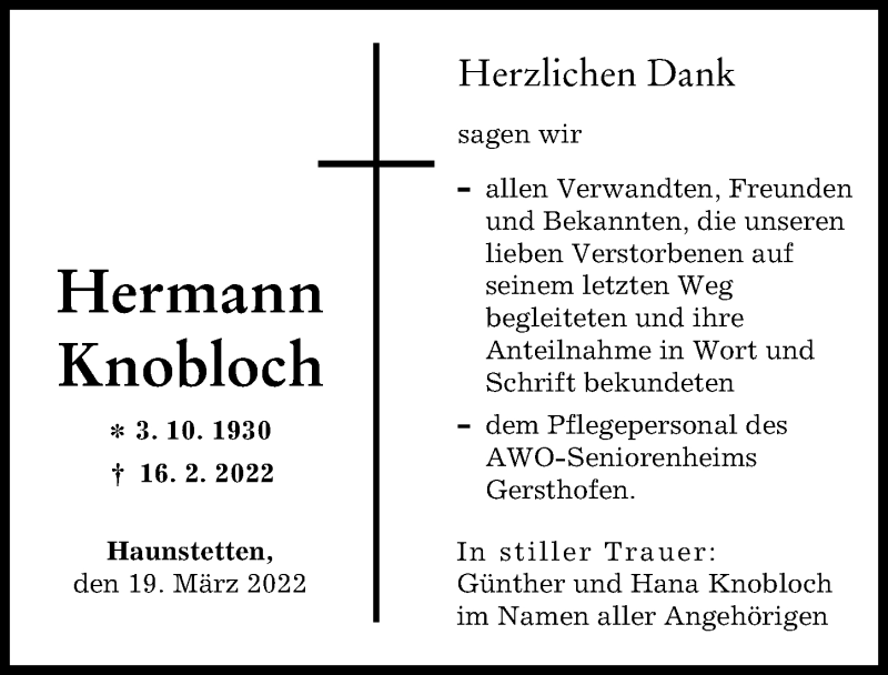 Traueranzeige von Hermann Knobloch von Augsburger Allgemeine