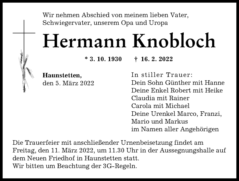 Traueranzeige von Hermann Knobloch von Augsburger Allgemeine