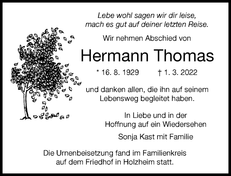 Traueranzeige von Hermann Thomas von Neu-Ulmer Zeitung