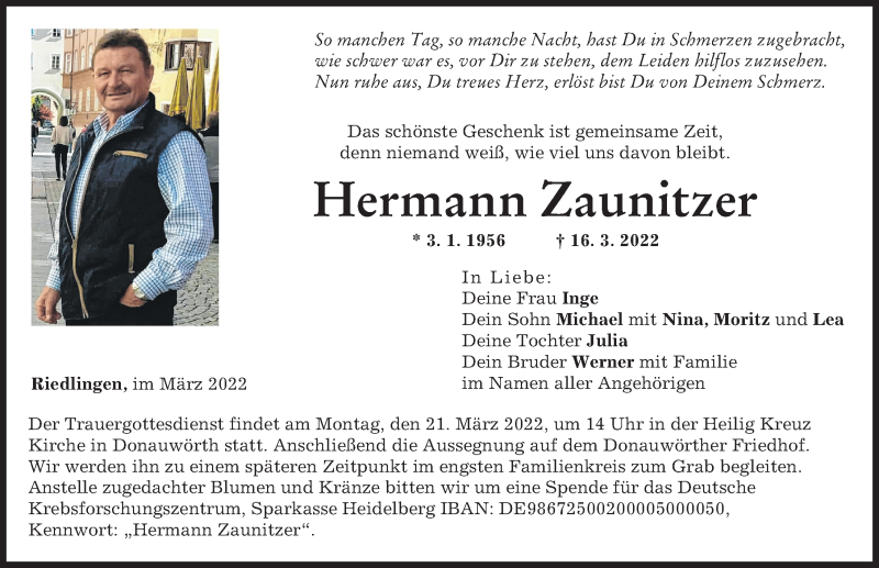  Traueranzeige für Hermann Zaunitzer vom 18.03.2022 aus Donauwörther Zeitung