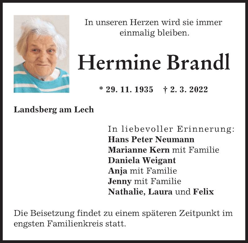 Traueranzeige von Hermine Brandl von Landsberger Tagblatt