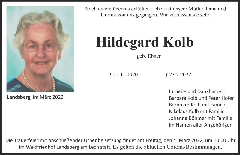 Traueranzeige von Hildegard Kolb von Landsberger Tagblatt