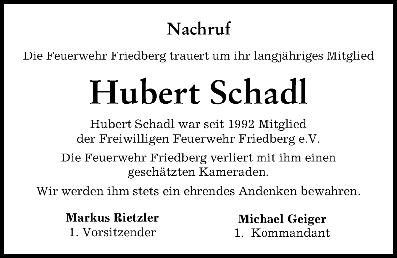  Traueranzeige für Hubert Schadl vom 29.03.2022 aus Friedberger Allgemeine