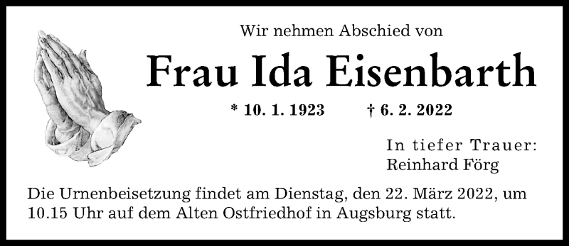 Traueranzeige von Ida Eisenbarth von Augsburger Allgemeine