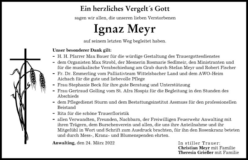 Traueranzeige von Ignaz Meyr von Aichacher Nachrichten