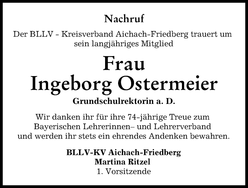  Traueranzeige für Ingeborg Ostermeier vom 15.03.2022 aus Aichacher Nachrichten