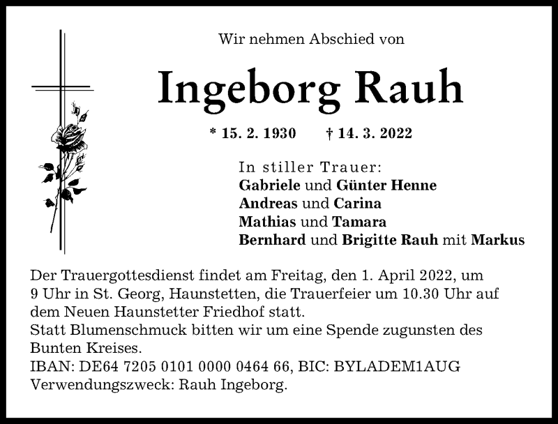 Traueranzeige von Ingeborg Rauh von Augsburger Allgemeine