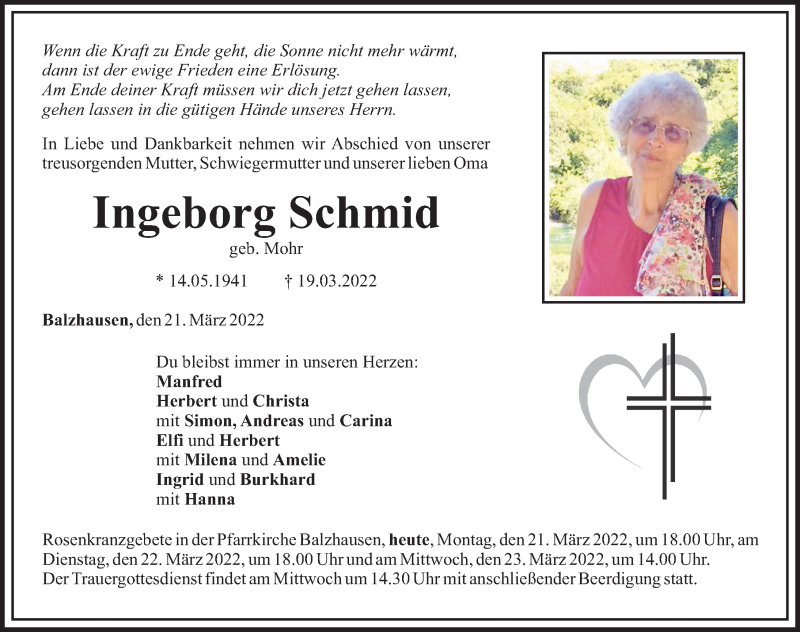  Traueranzeige für Ingeborg Schmid vom 21.03.2022 aus Mittelschwäbische Nachrichten