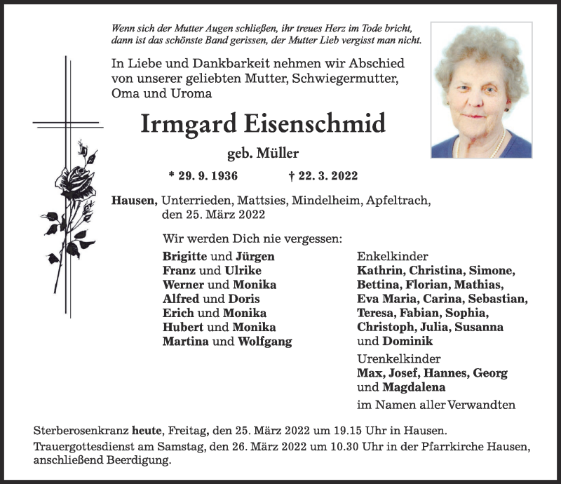  Traueranzeige für Irmgard Eisenschmid vom 25.03.2022 aus Mindelheimer Zeitung