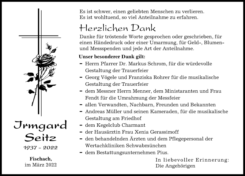 Traueranzeige von Irmgard Seitz von Augsburg-Land