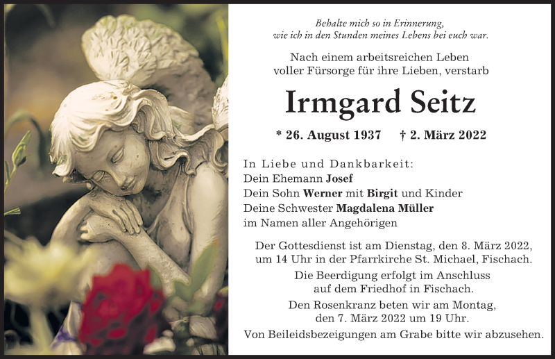Traueranzeige von Irmgard Seitz von Augsburg-Land