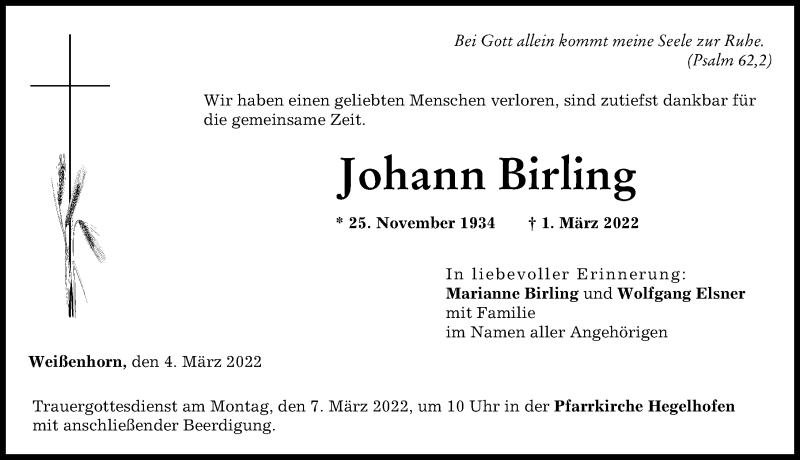 Traueranzeige von Johann Birling von Augsburg-Land, Neu-Ulmer Zeitung
