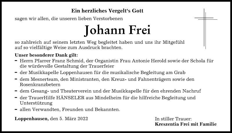  Traueranzeige für Johann Frei vom 05.03.2022 aus Mindelheimer Zeitung