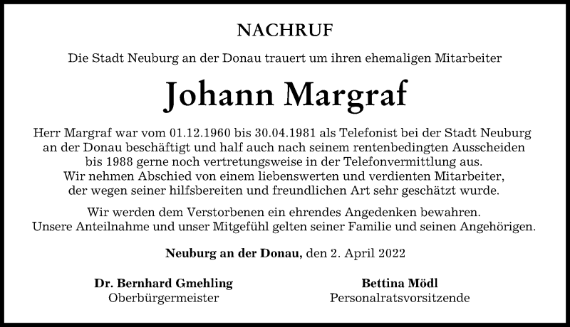 Traueranzeige von Johann Margraf von Neuburger Rundschau