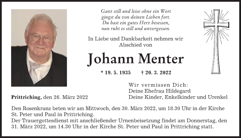  Traueranzeige für Johann Menter vom 26.03.2022 aus Landsberger Tagblatt