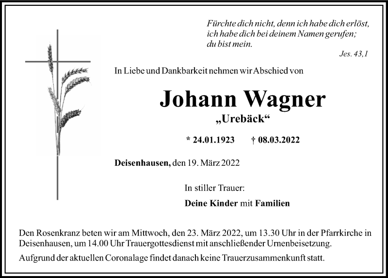 Traueranzeige von Johann Wagner von Mittelschwäbische Nachrichten