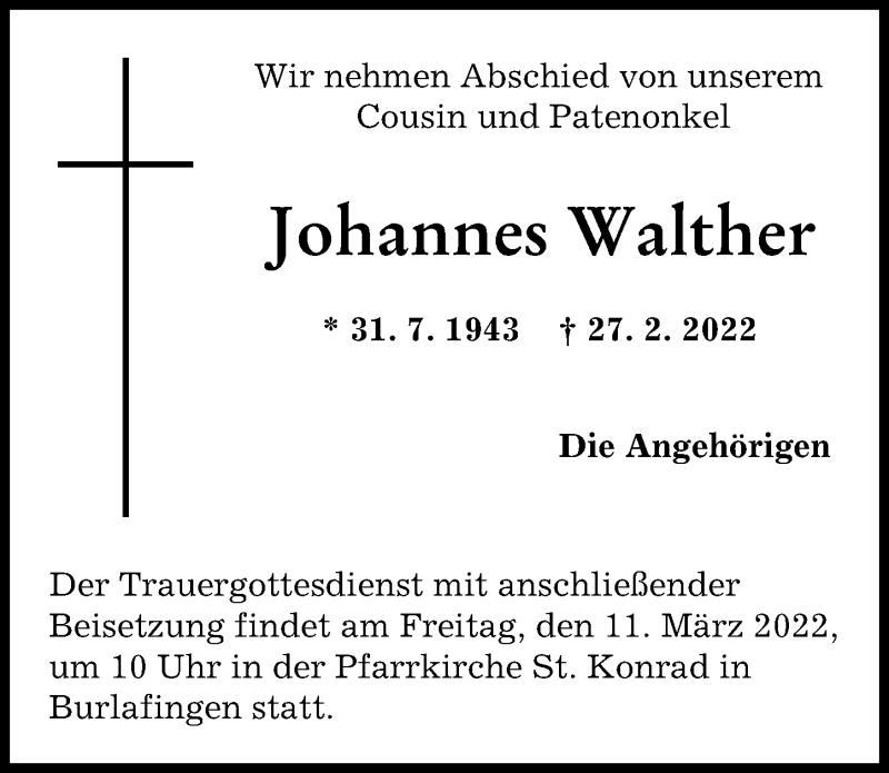 Traueranzeige von Johannes Walther von Neu-Ulmer Zeitung