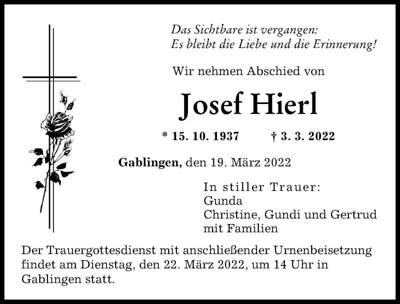 Traueranzeige von Josef Hierl von Augsburger Allgemeine
