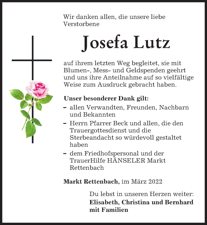 Traueranzeige von Josefa Lutz von Mindelheimer Zeitung