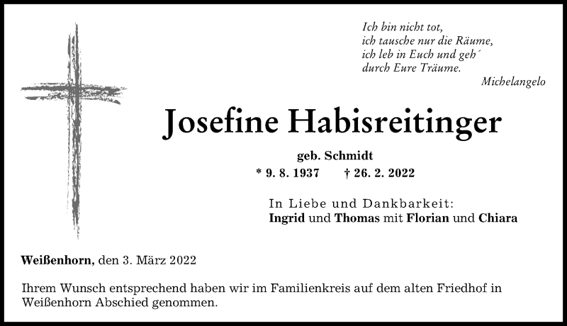 Traueranzeige von Josefine Habisreitinger von Neu-Ulmer Zeitung