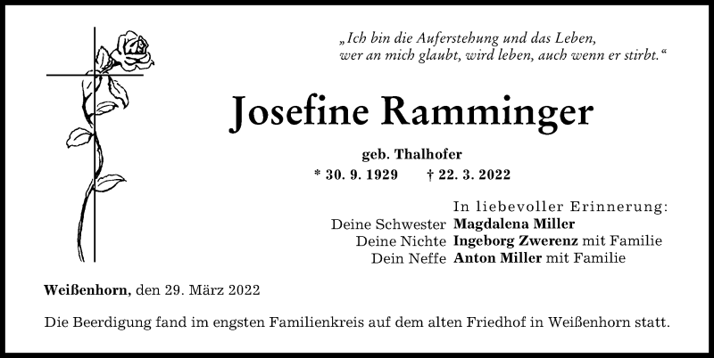 Traueranzeige von Josefine Rammfinger von Neu-Ulmer Zeitung