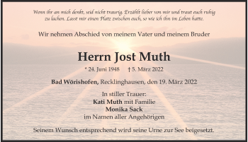 Traueranzeige von Jost Muth von Mindelheimer Zeitung