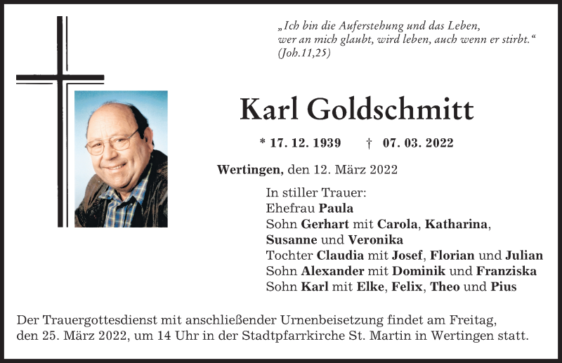 Traueranzeige von Karl Goldschmitt von Wertinger Zeitung